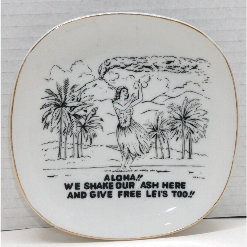 Vtg Ceramic Hawaiian Aloha Hula Girl Trinket Dish 5" x 5" Risqué